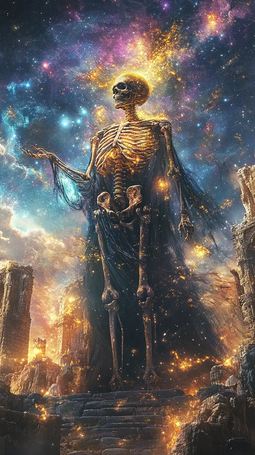 Golden boned lich in ancient ruins under celestial sky
