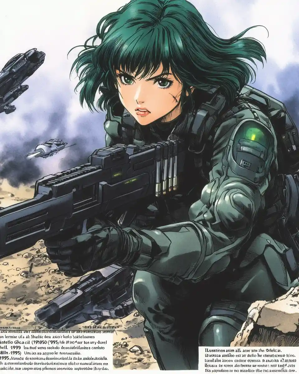 Anime cybernetic woman fighting on a desolate alien battlefield