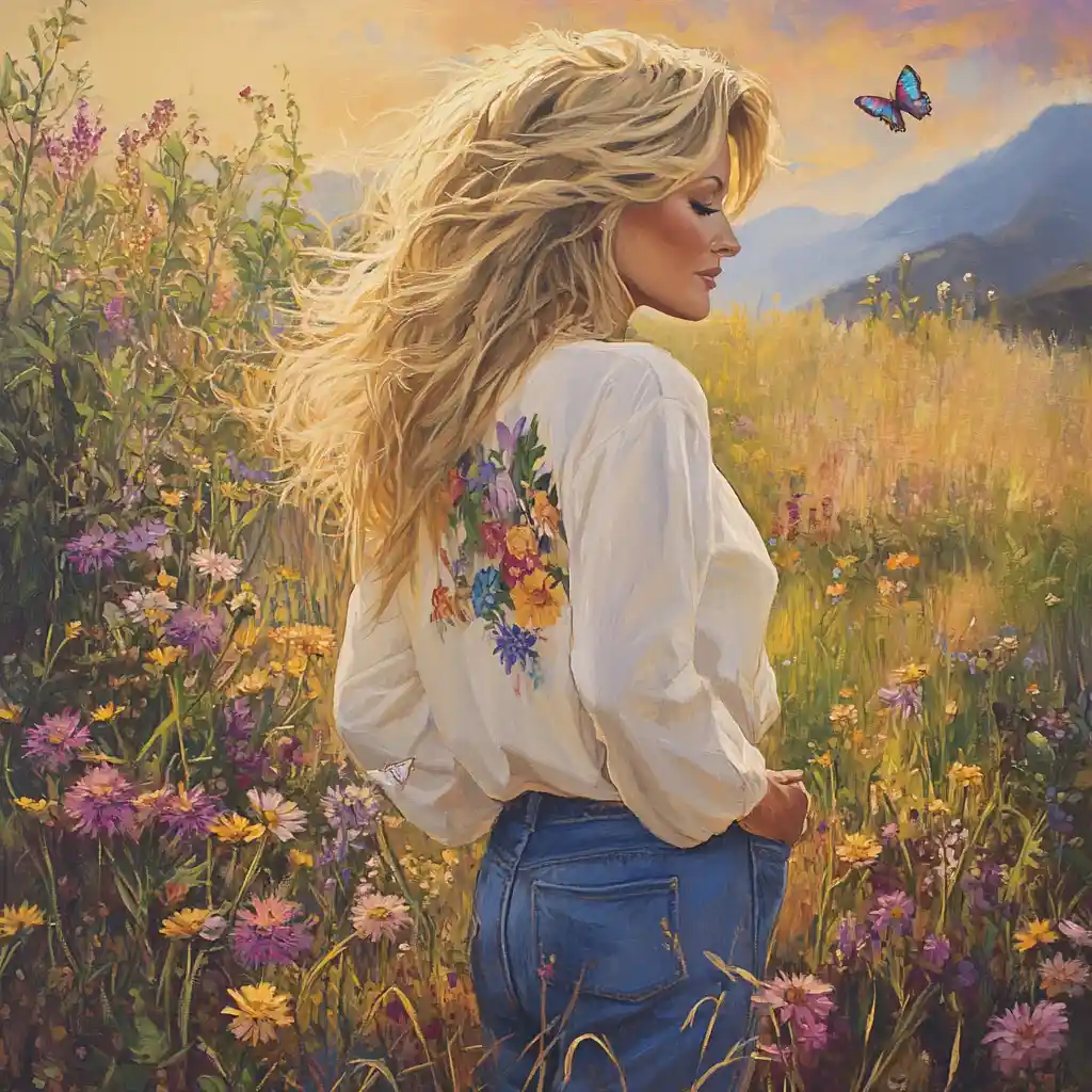 Woman walking through a spring flower meadow at dawn