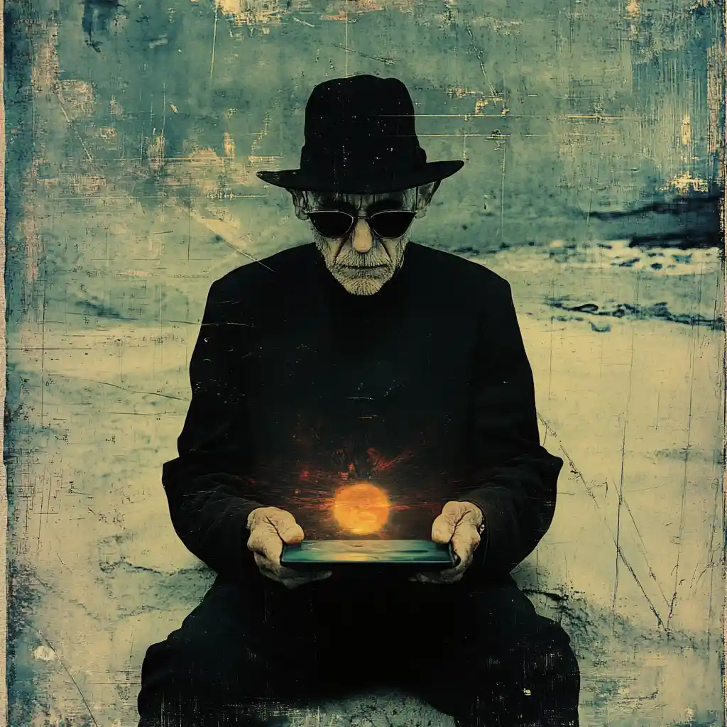 Minimalist portrait of an old fisherman in surreal collage
