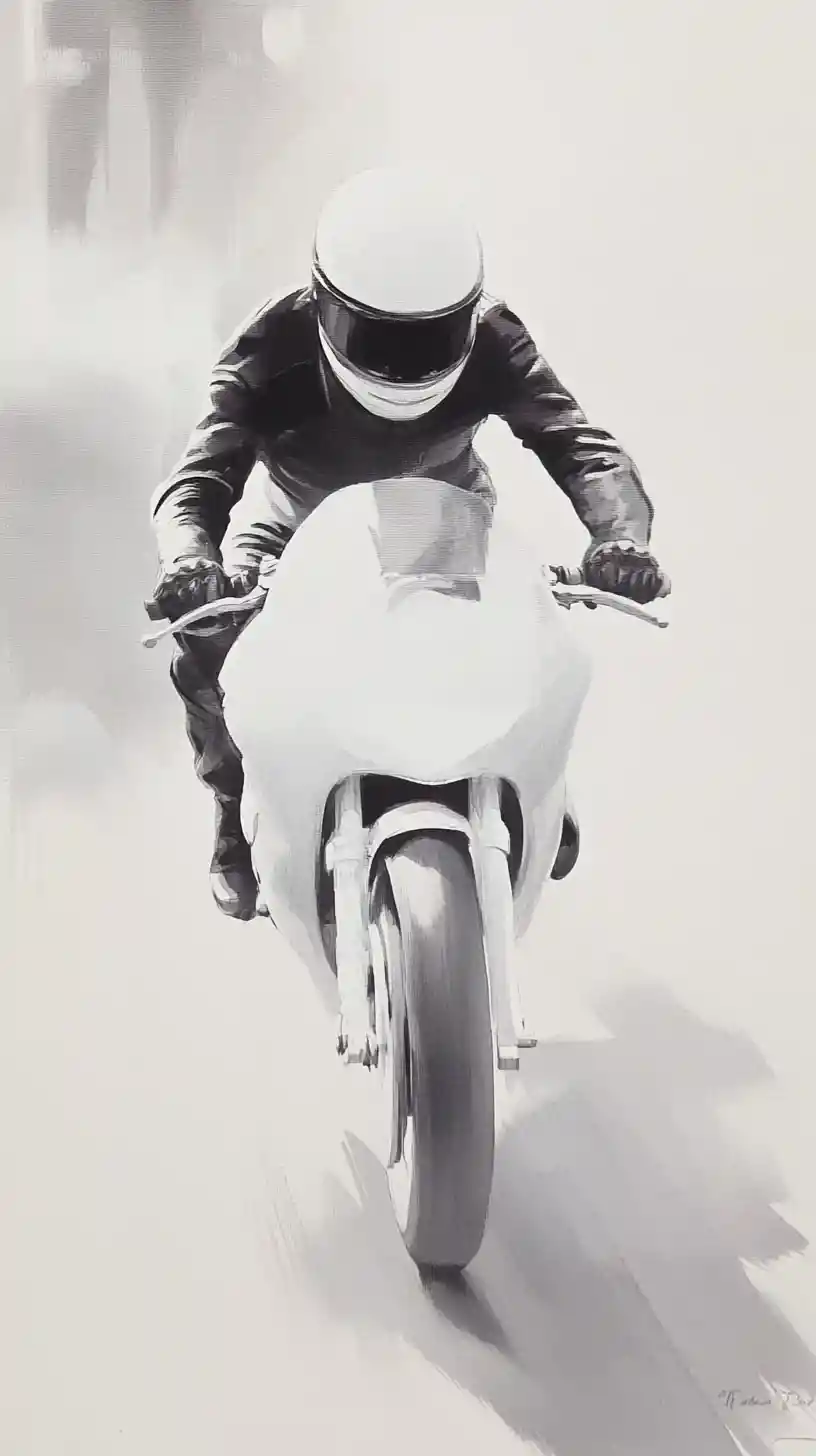 Vintage motorcyclist racing along a winding monochrome track