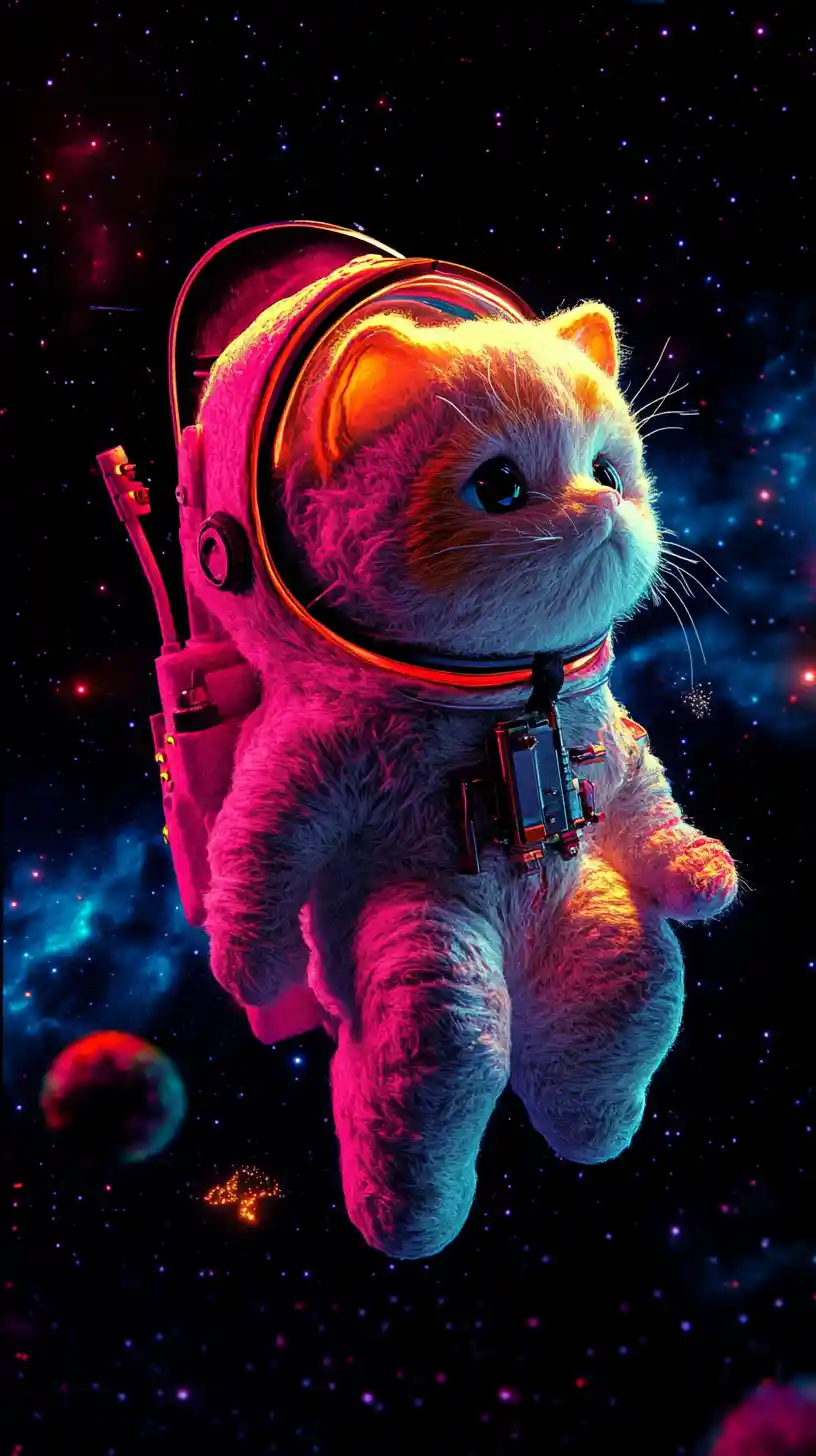 Felted wool astronaut cat floating in neon outer space