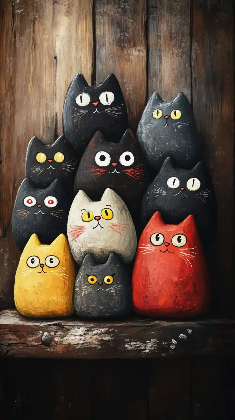 Painted cat stones lined on a shelf with silly faces