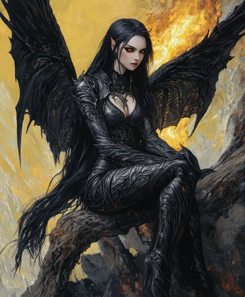 Dark winged warrior woman on fallen tree in mountains