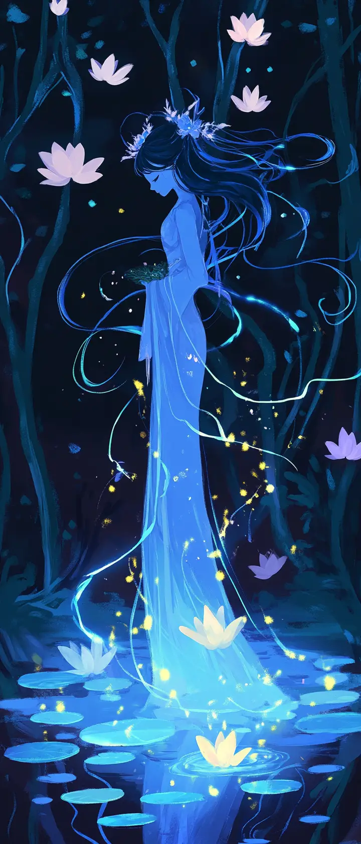 Vietnamese spirit girl in glowing lotus forest
