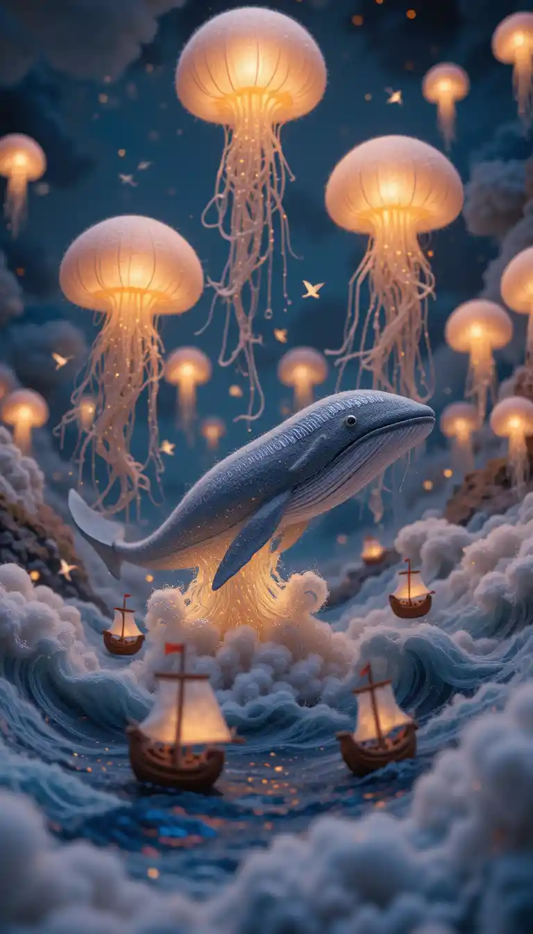 Felted whale rising from a glowing twilight sea