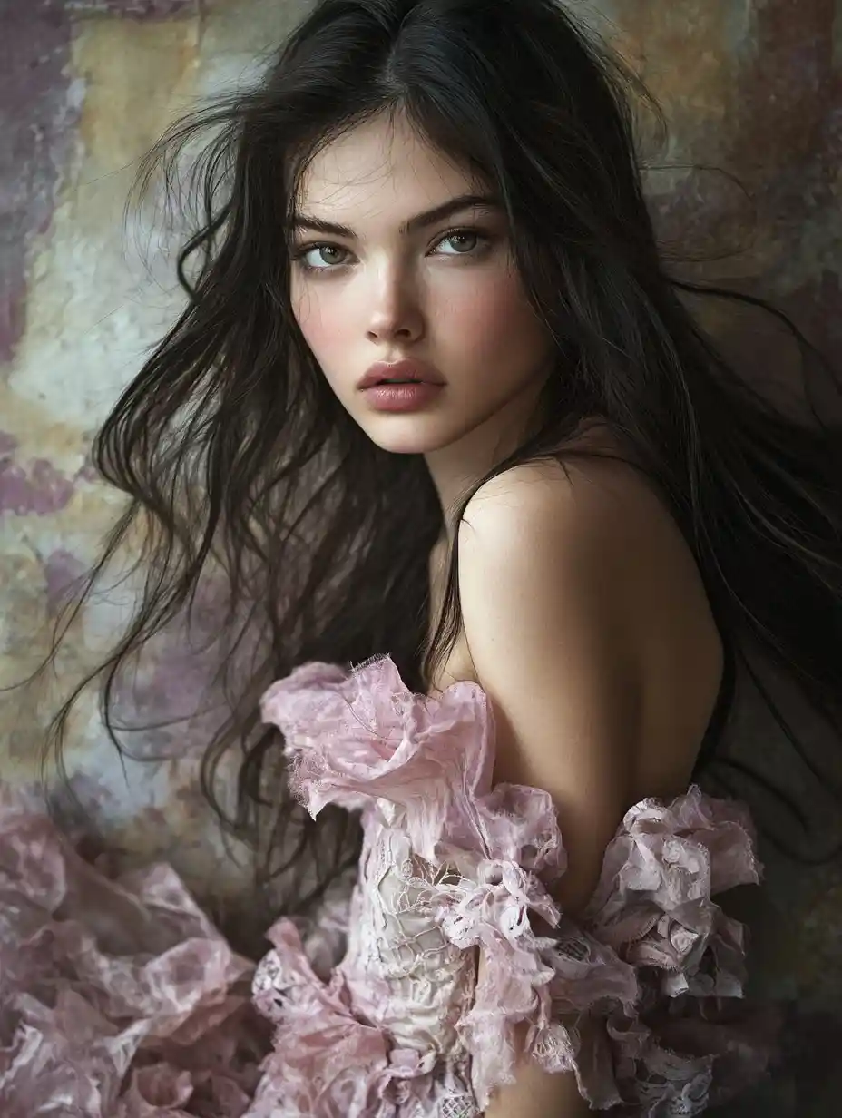 Supermodel in ruffled dragon dress against grunge wall