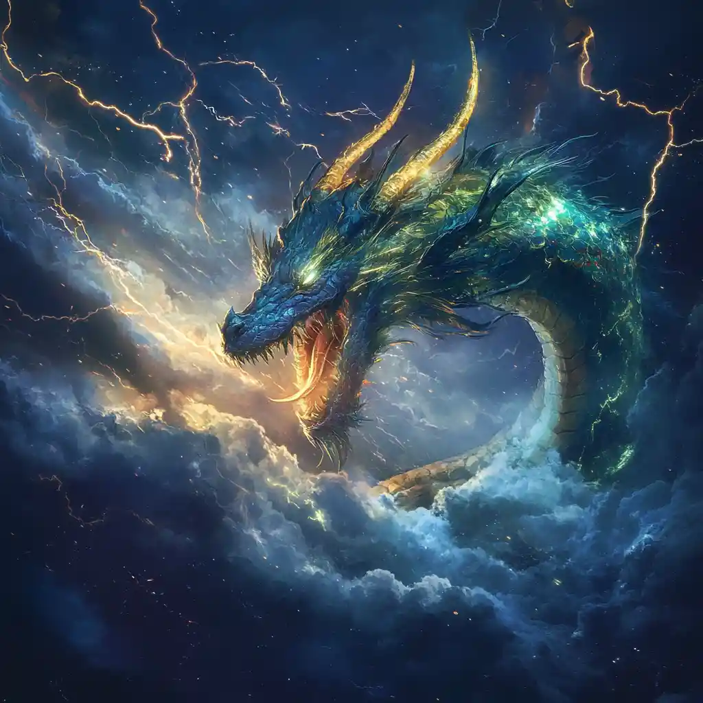 Majestic storm dragon above a turbulent lightning sky