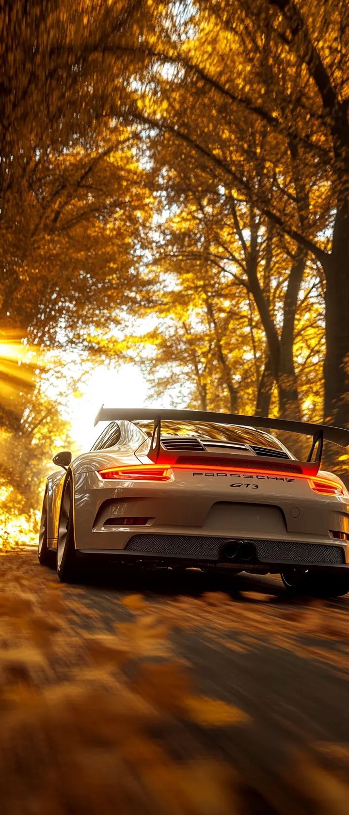 Porsche 911 GT3 Racing Through Sunlit Autumn Forest Tunnel