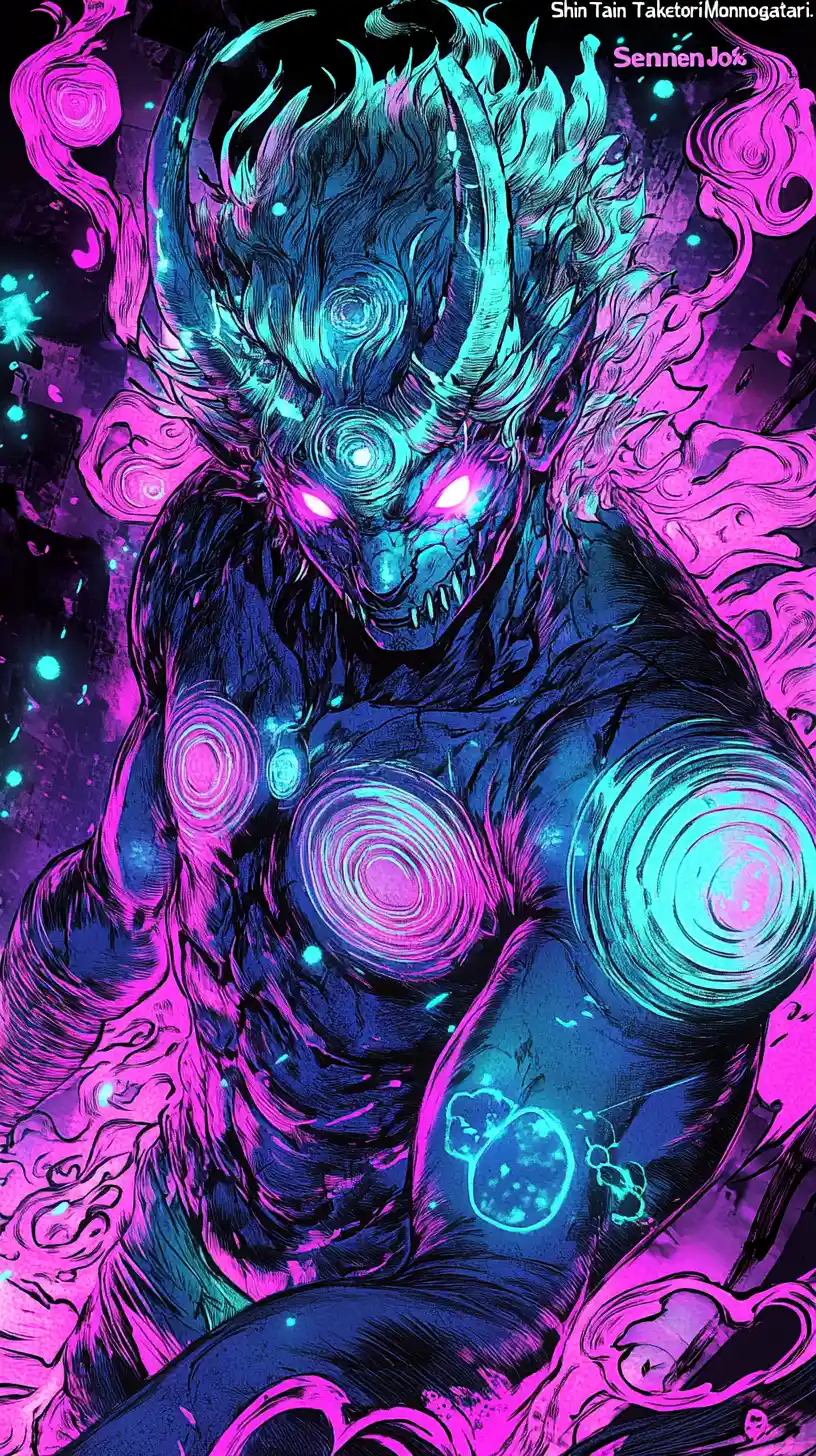 Mythical creature with glowing gemstone eyes in neon etching