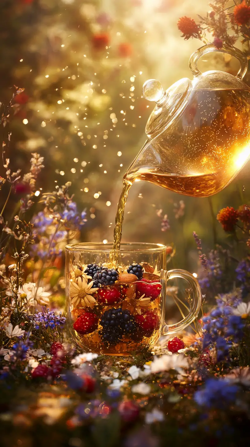 Glass teapot pouring tea into berry filled glass mug