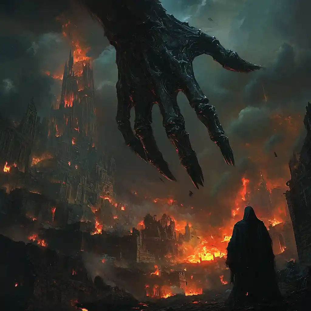 Cloaked figure under skeletal hand above burning city