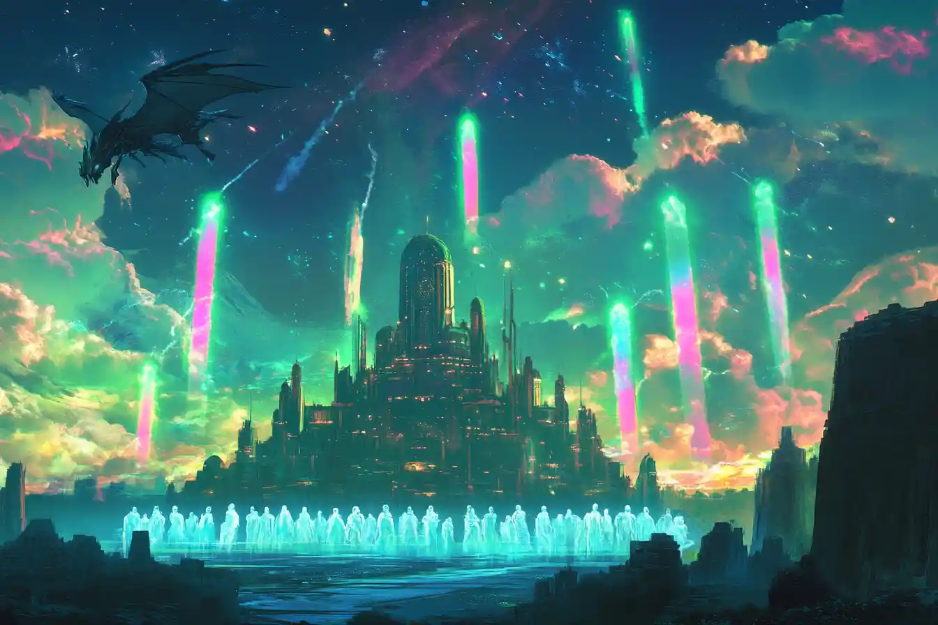Neon meteors over a futuristic fantasy palace