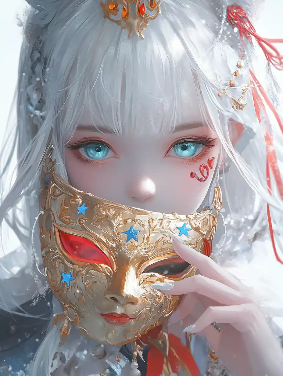 Anime witch girl holding ornate gold mask portrait