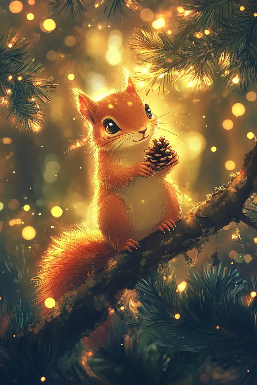Cute red squirrel on pine branch in glowing forest