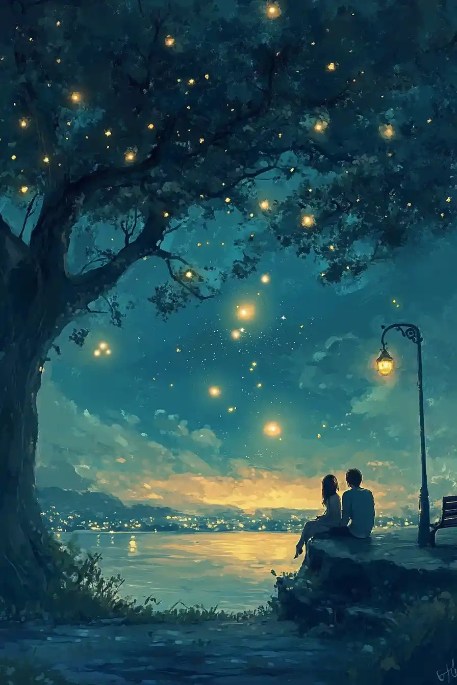 Tender romantic digital illustration under falling stars