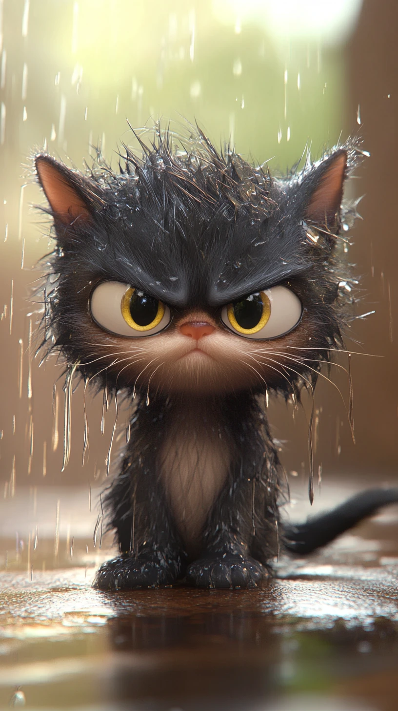 Ilustración de un lindo gatito mojado y gruñón en un prado soleado