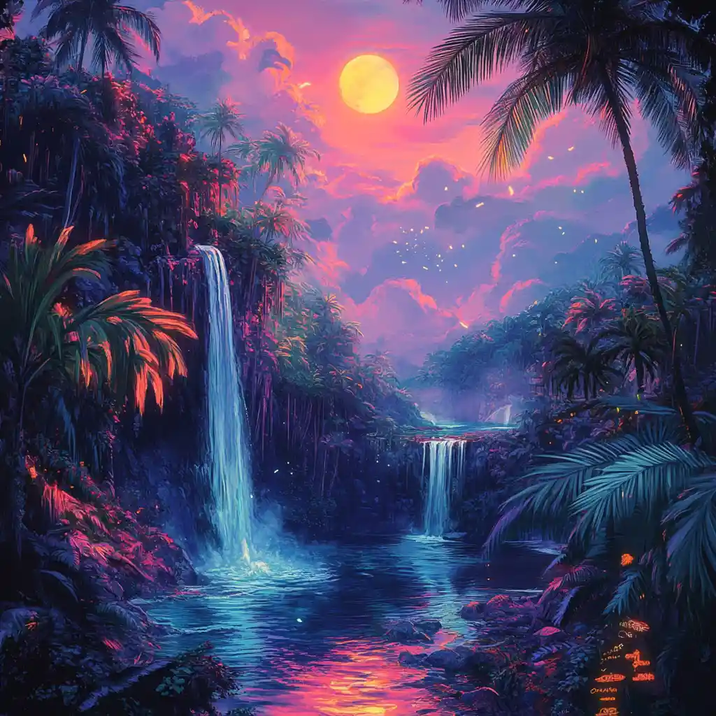 Tropical lagoon at sunset with palms and waterfall