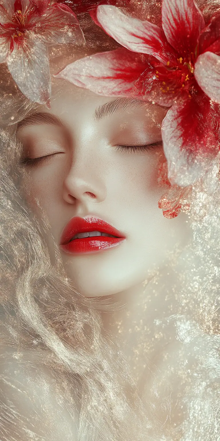 Elegant portrait of a refined lady with red glossy lips