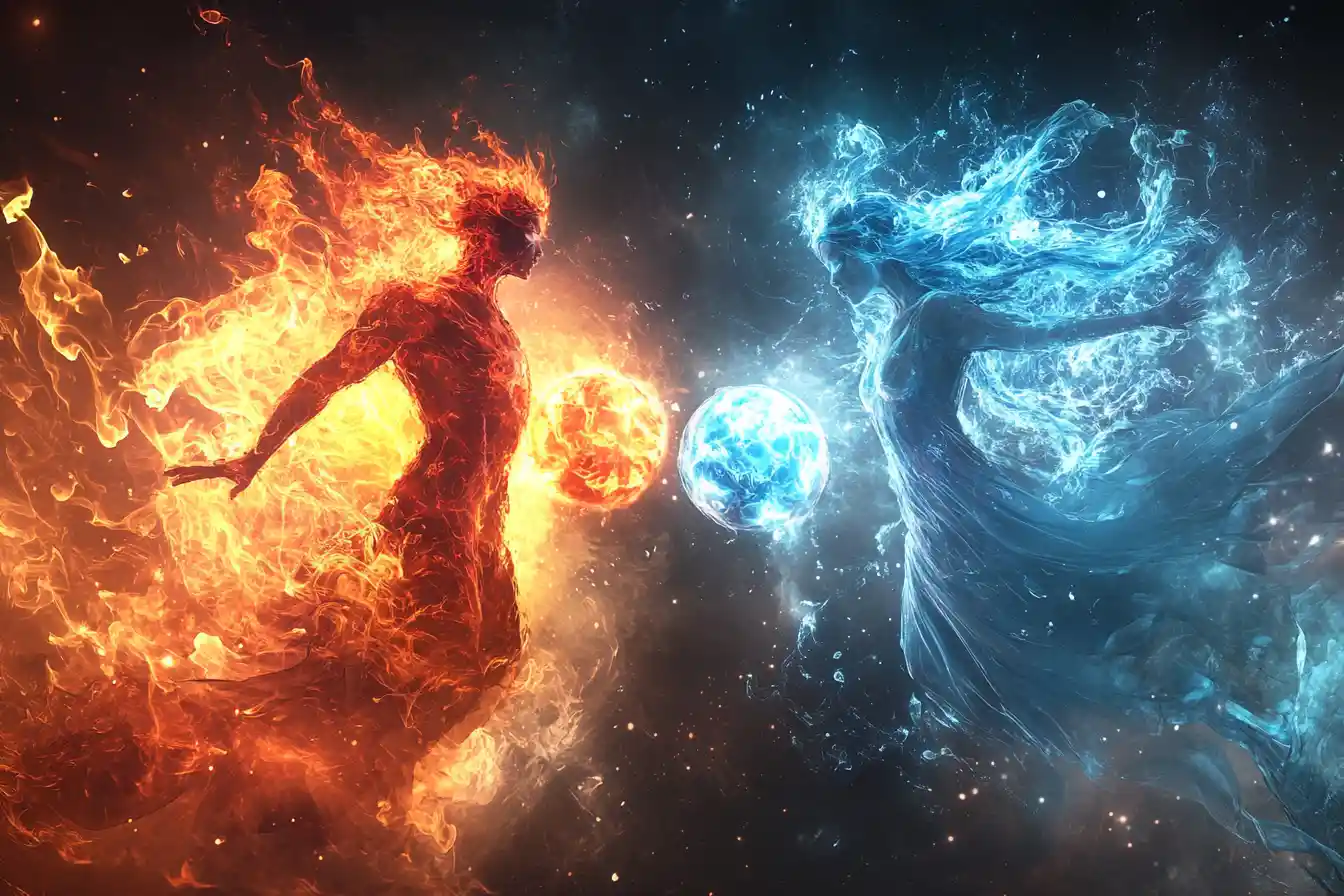 Figuras de fuego y hielo sosteniendo orbes brillantes en el vacío cósmico