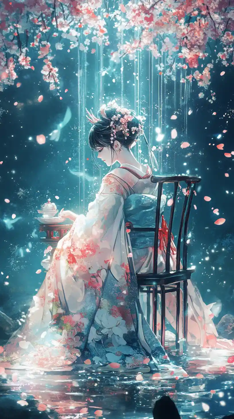 Heian noblewoman with cherry blossoms in quiet reflection