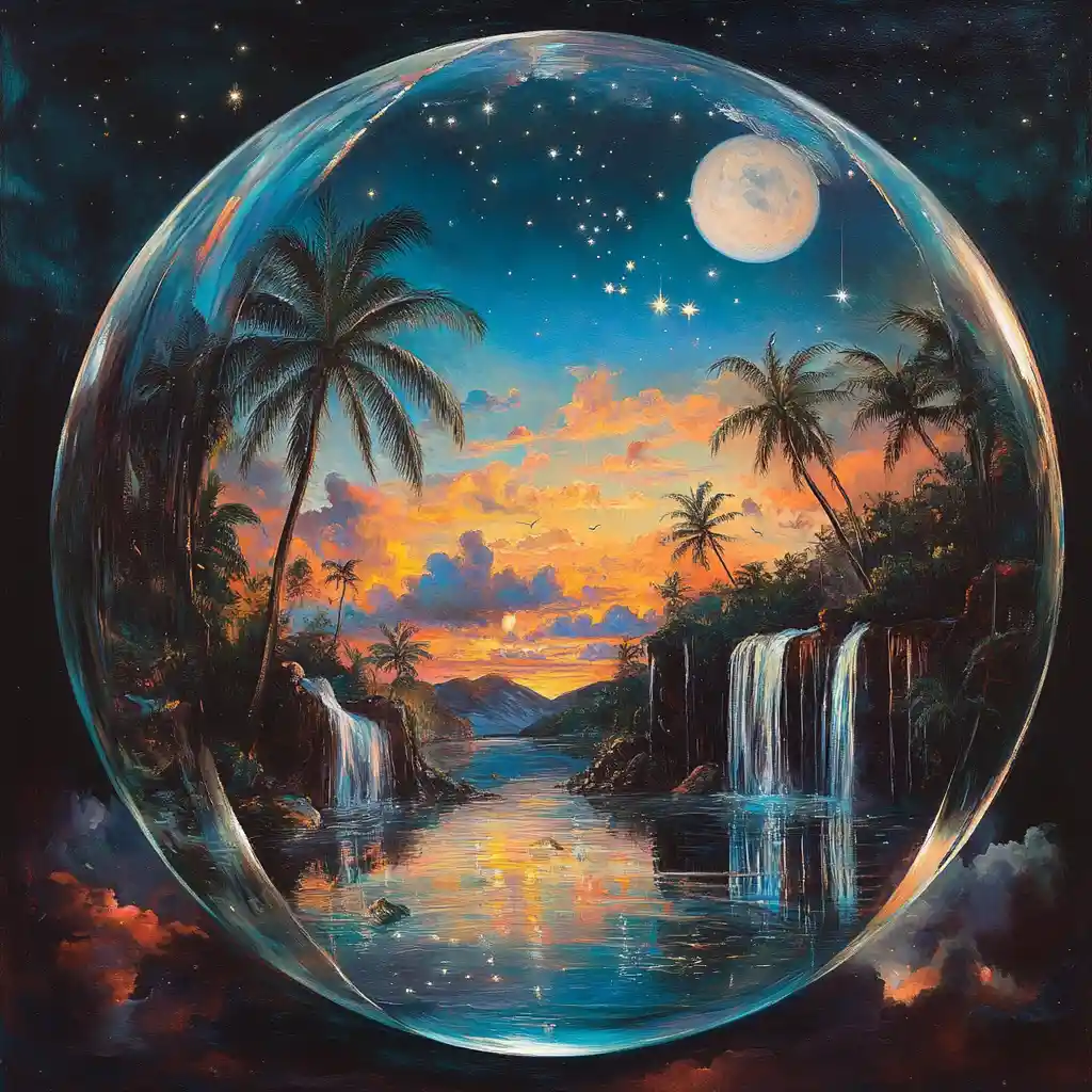 Surrealistische Glaskugel mit ruhiger tropischer Lagune