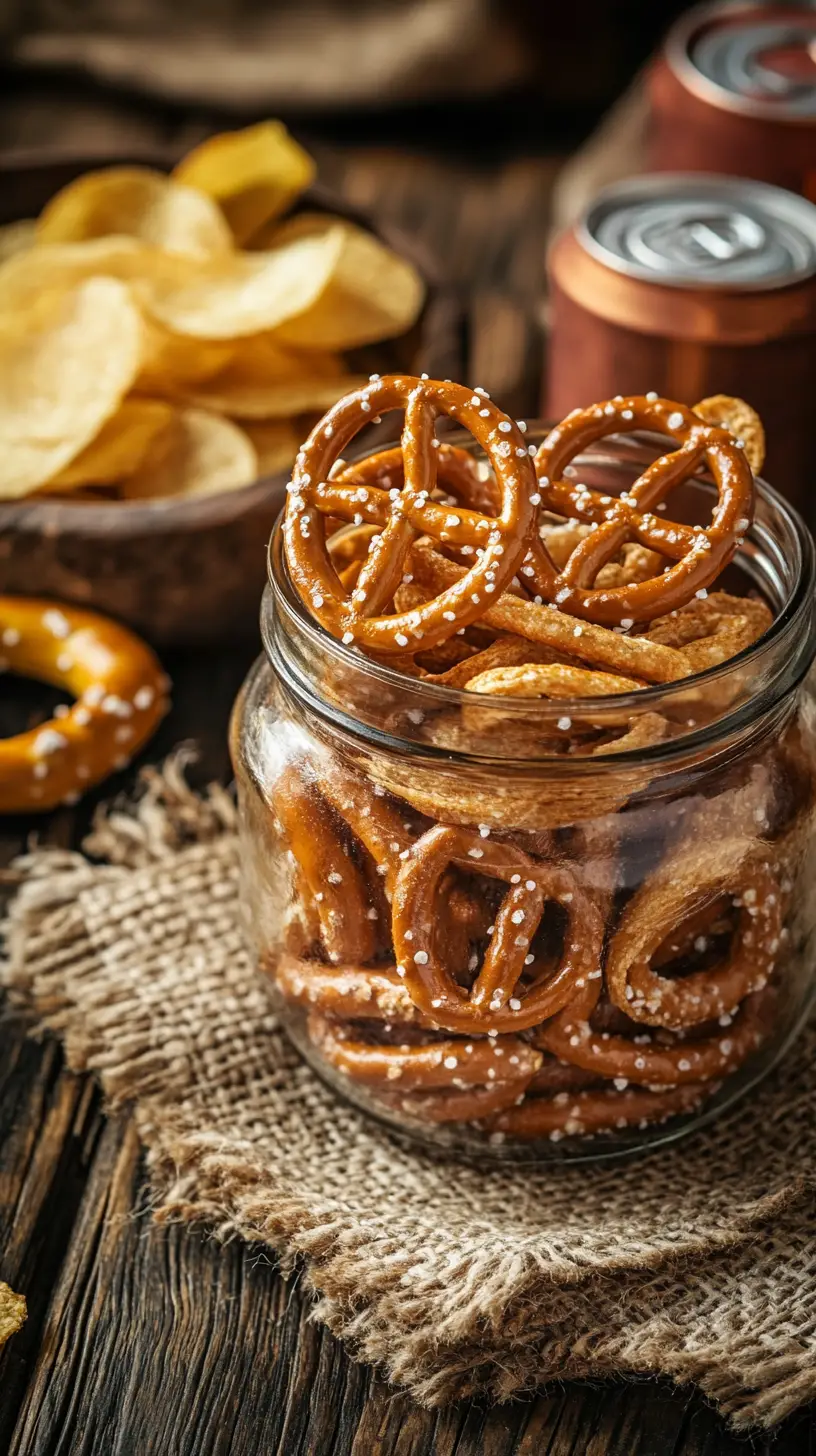 Rustic snack assortment with pretzels peanuts chips and cola