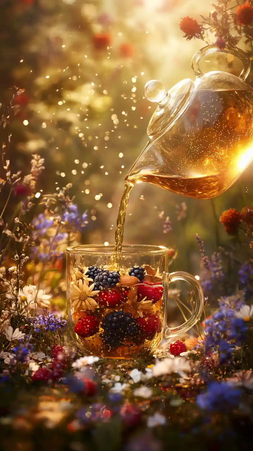 Glasteekanne gießt Tee in ein mit Beeren gefülltes Glastasse