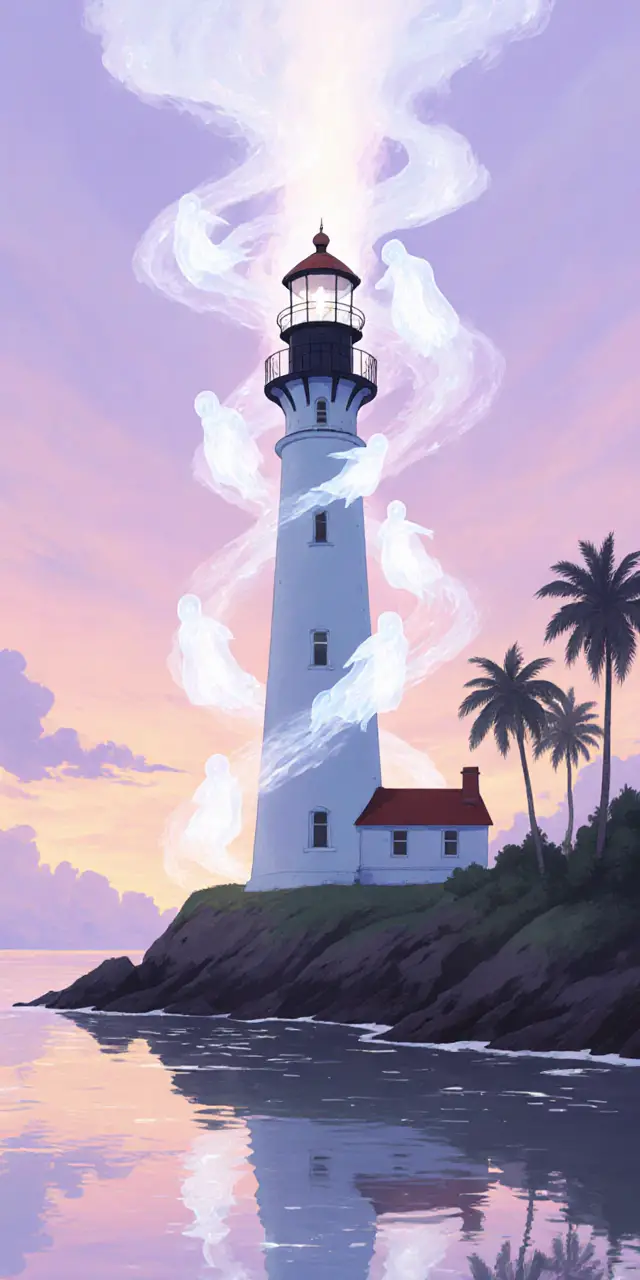 Ethereal ghosts swirl around a seaside lighthouse at dusk