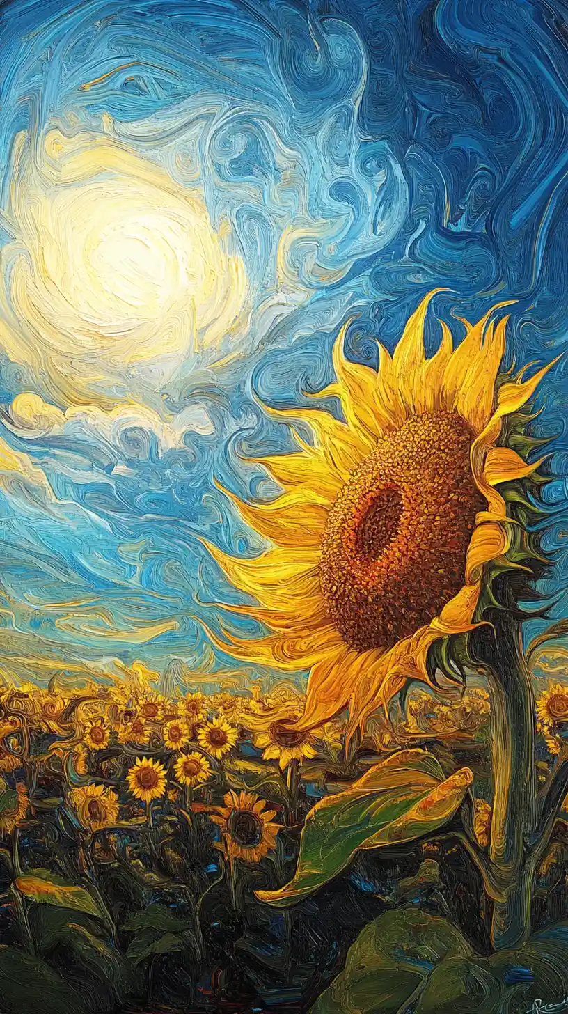 Sunflower In A Field Under An Intense Swirling Sun