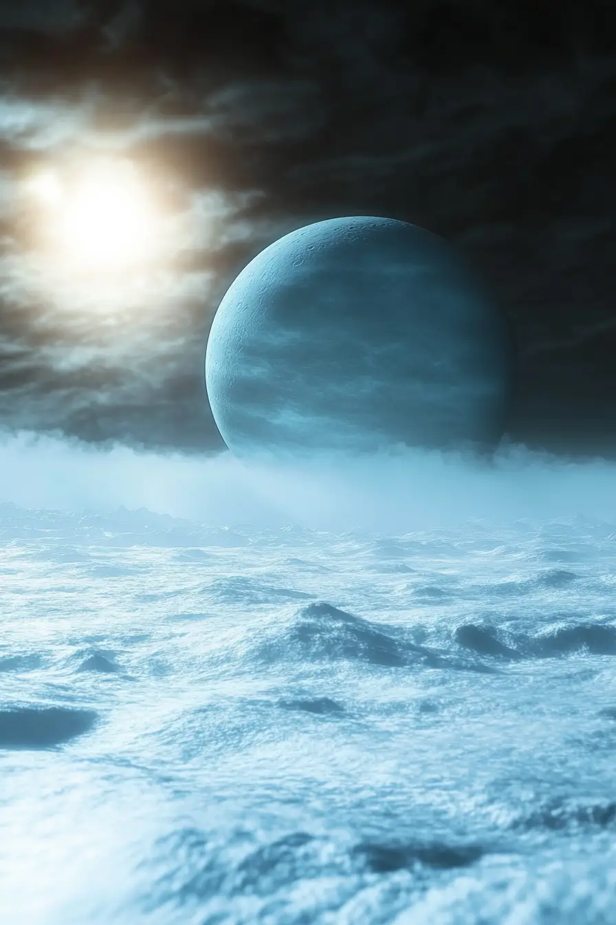 Soft blue storms above the distant surface of Uranus