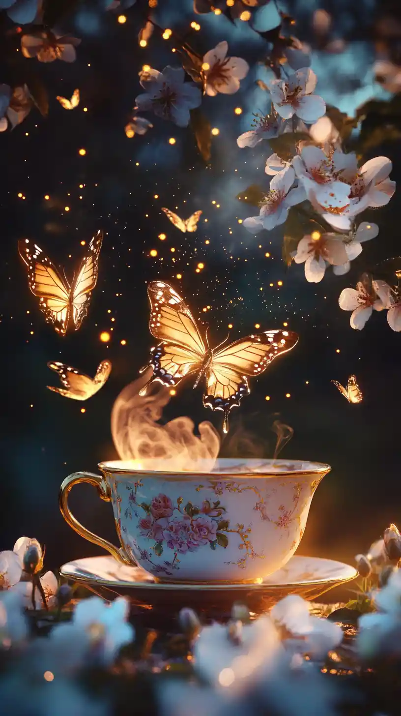 Magical night teacup with glowing butterflies and flowers