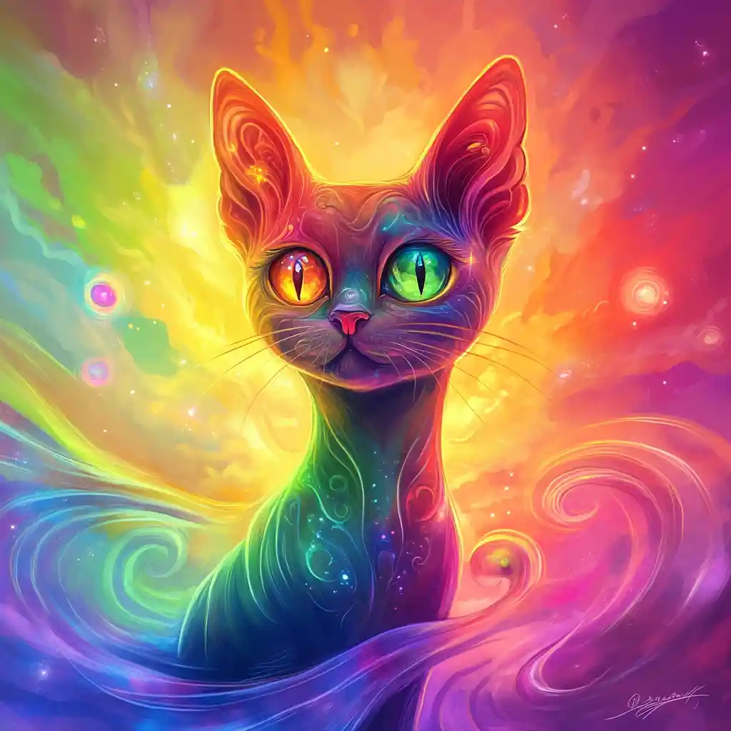 Playful cartoon cat close up on rainbow abstract background