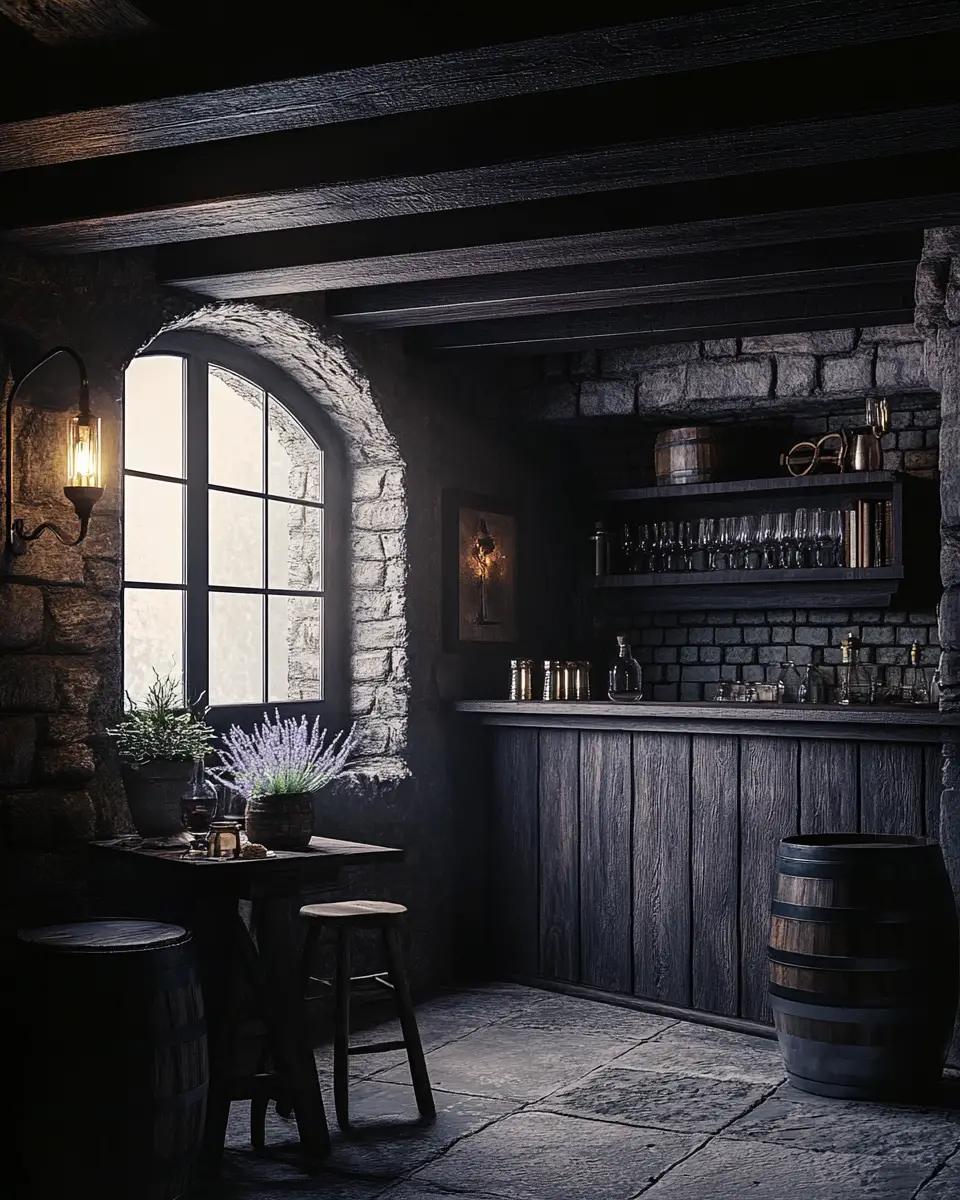 Rustic medieval tavern basement nook with moody lighting