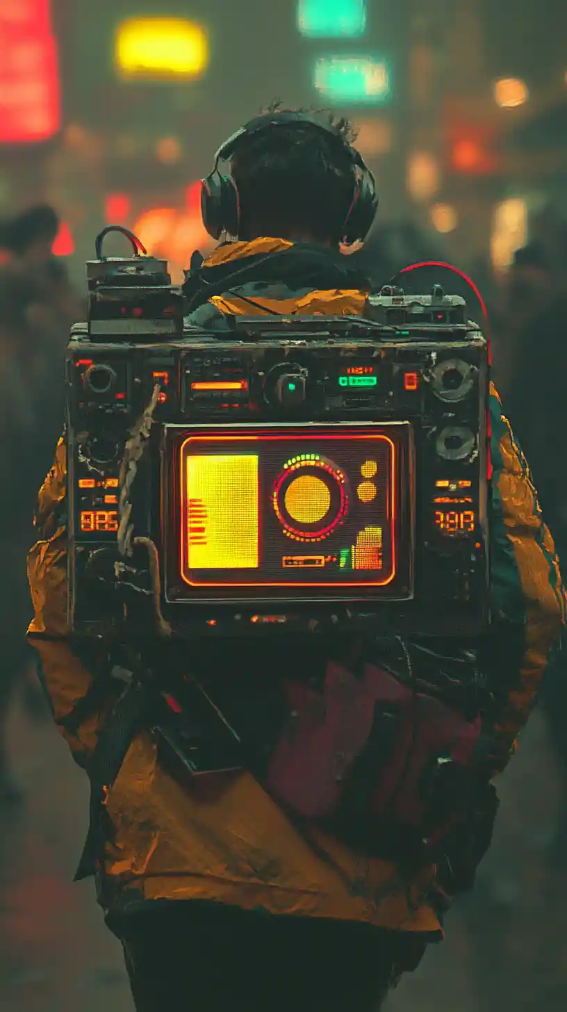 Retro boombox carried on the shoulder in the street