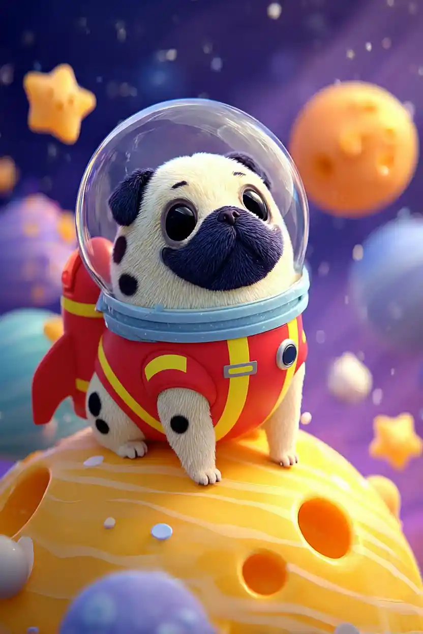 Cartoon pug astronaut on a cheesy moon in space