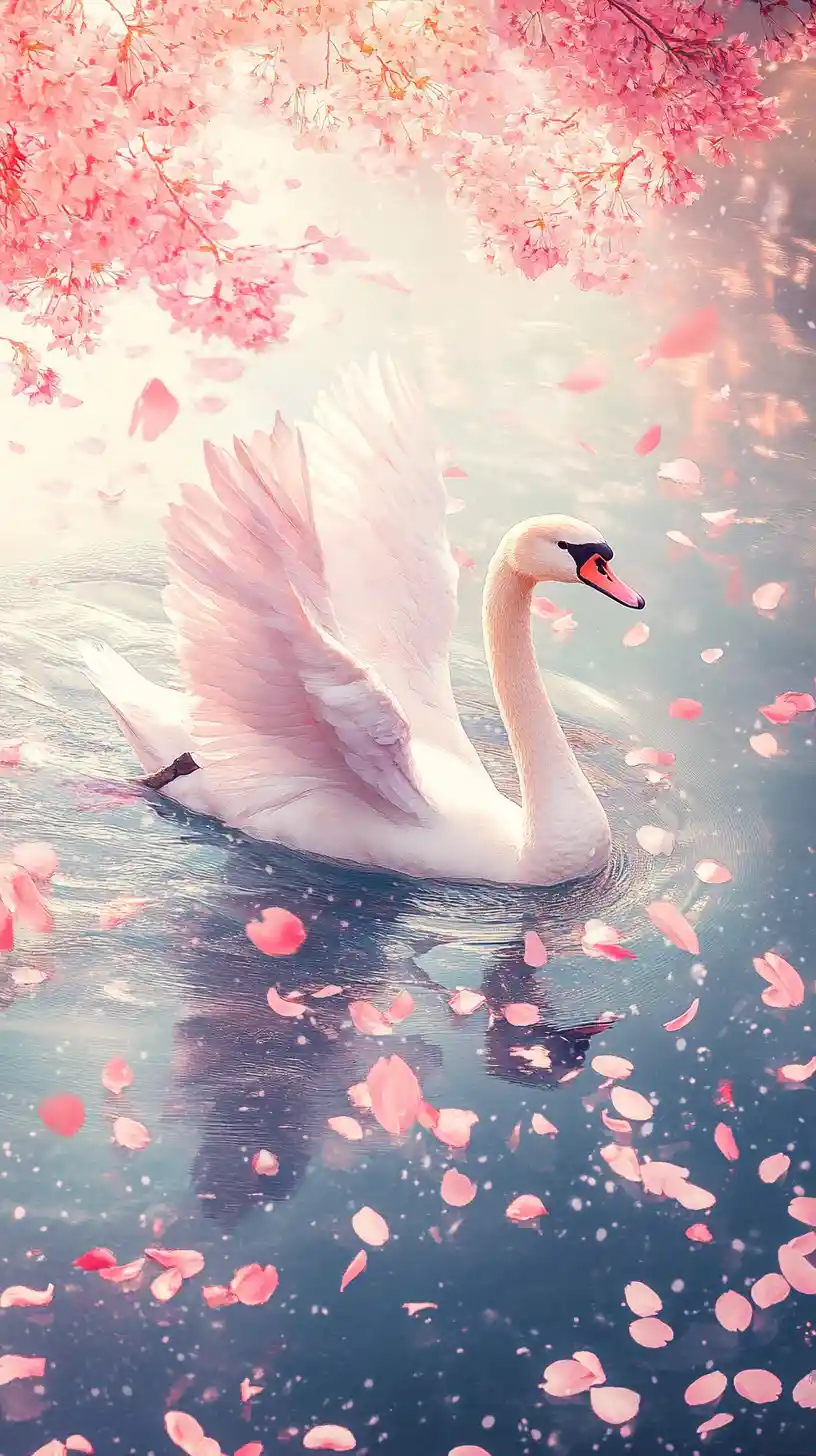 Fantasy watercolor swan with drifting cherry blossom petals