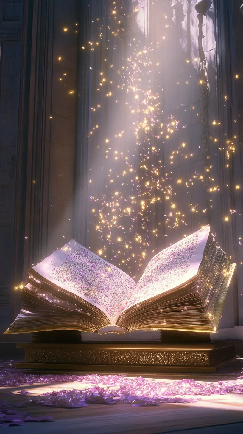 Open magical book on a pedestal in an empty hall