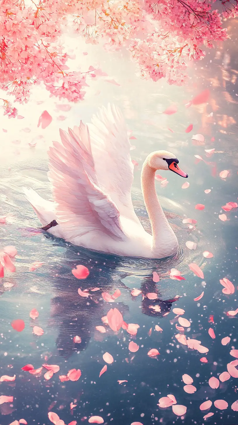 Fantasy watercolor swan with drifting cherry blossom petals