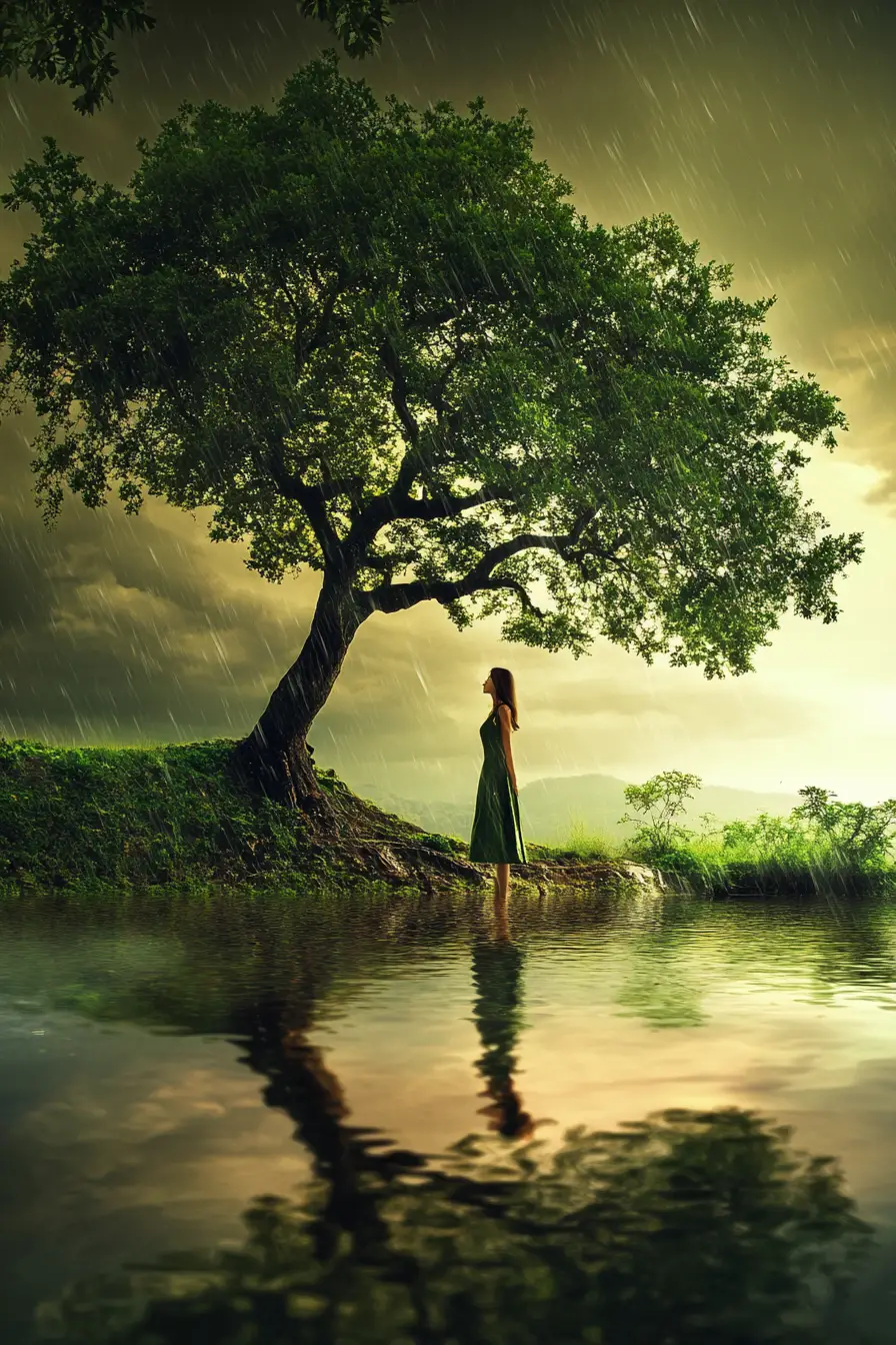 Woman by the tree of life in a stormy rain