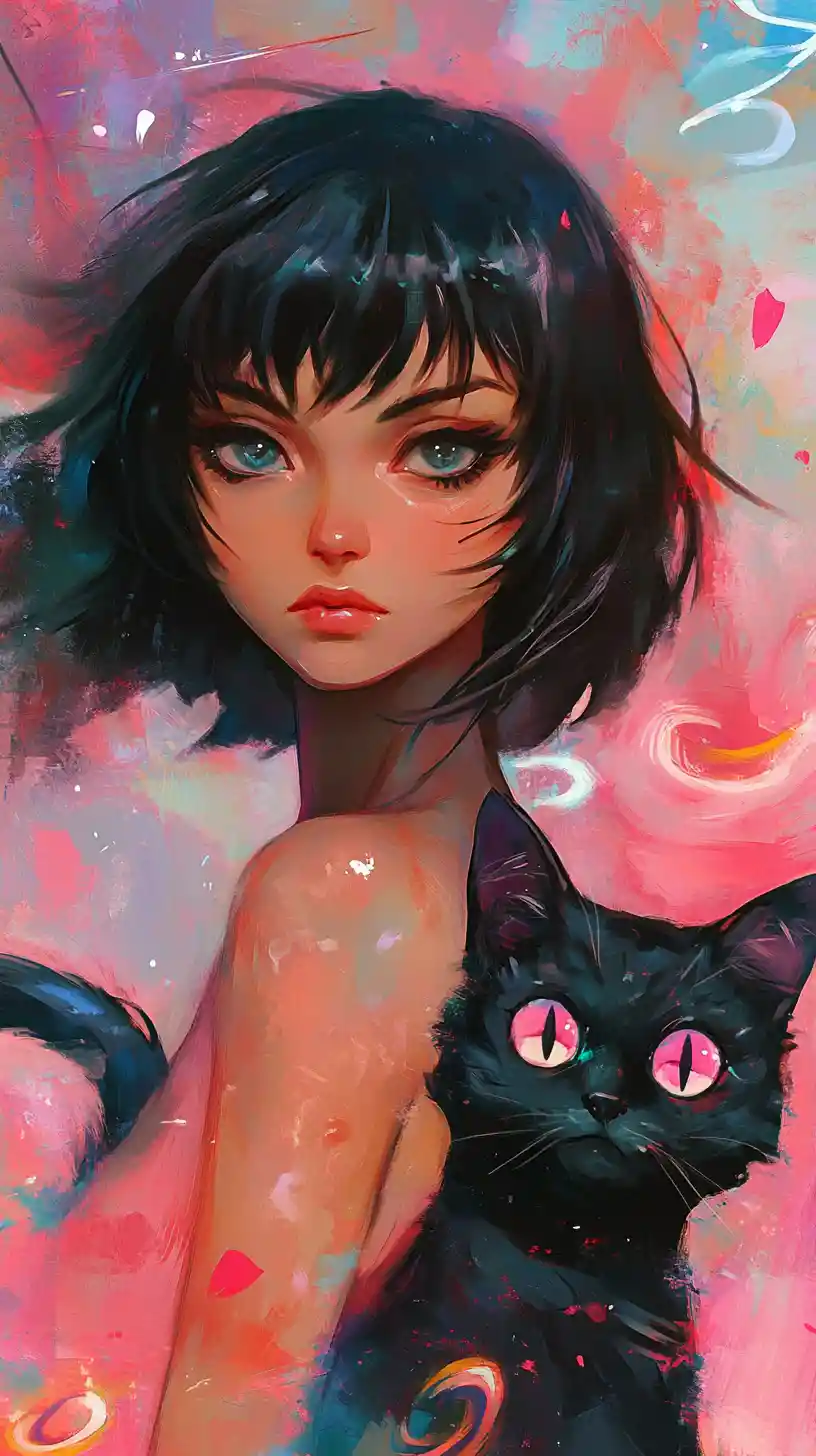 Confident anime woman close up with swirling pink and blue