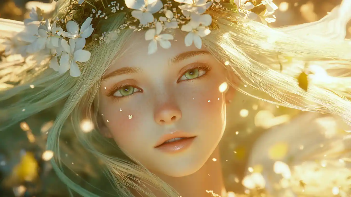 Fairy girl with green hair in glowing forest