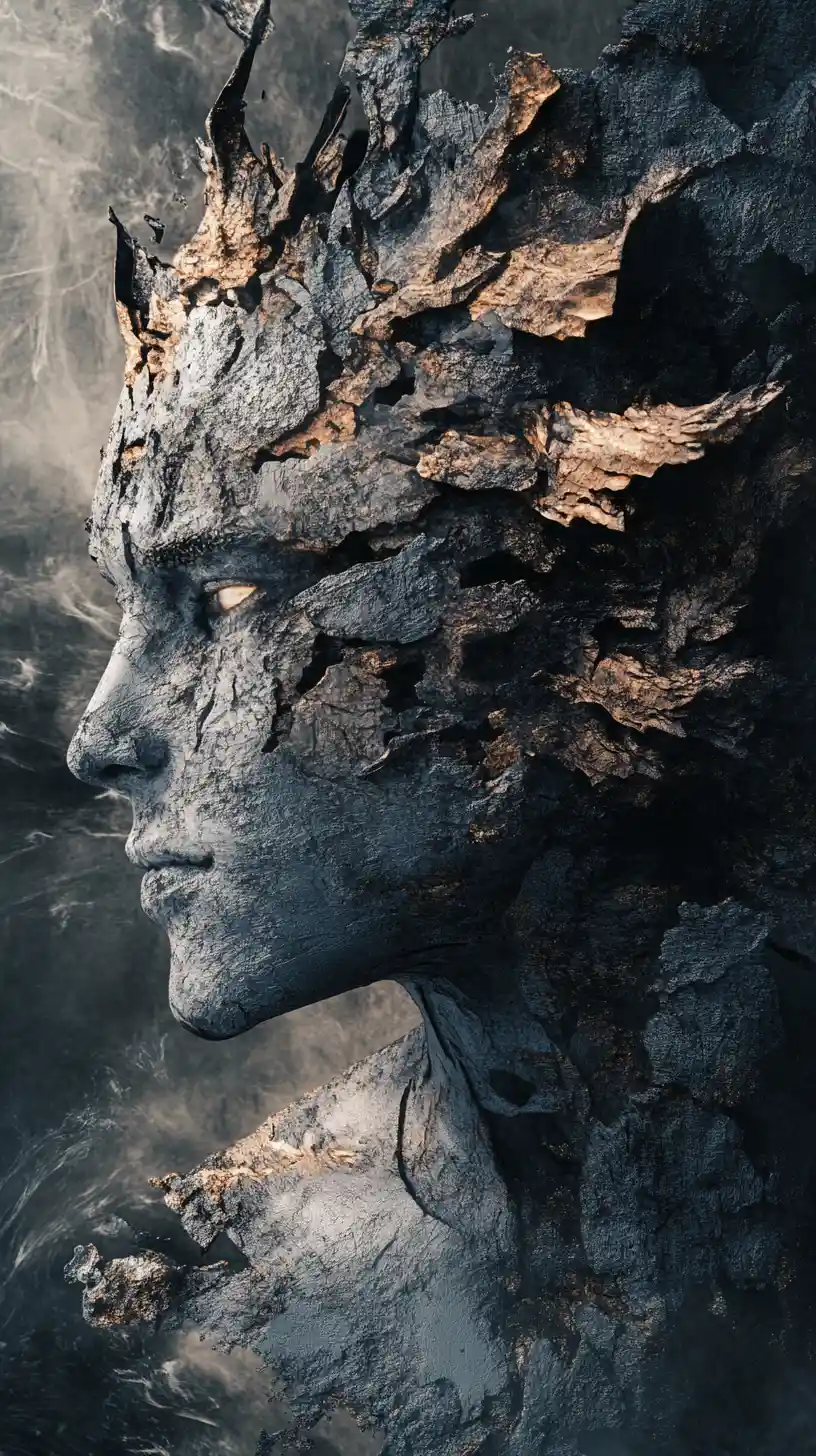 Abstract humanoid dragon figure in deep shadow contrast
