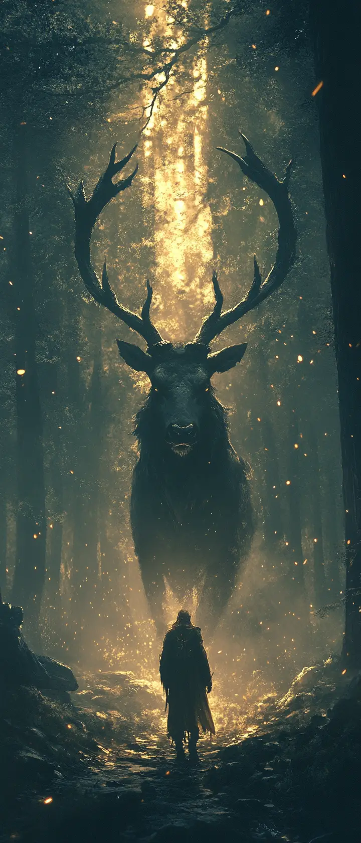 Guilt ridden mage walking beside a spectral shadow stag