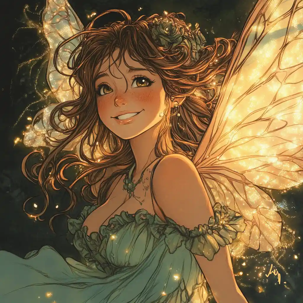 Steampunk fairy girl with iridescent wings in pastel gown