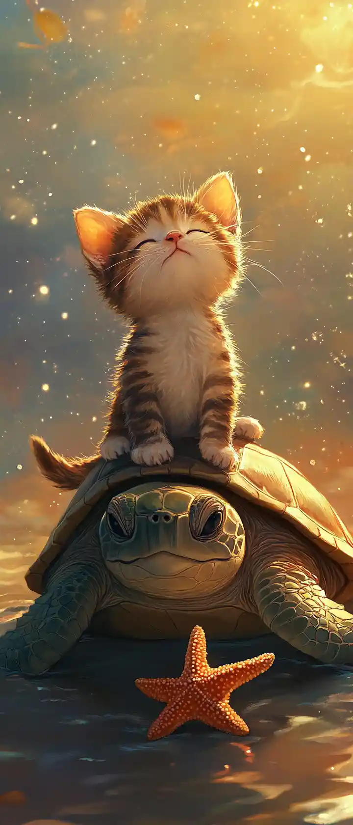 Joyful kitten riding a gentle sea turtle at sunset