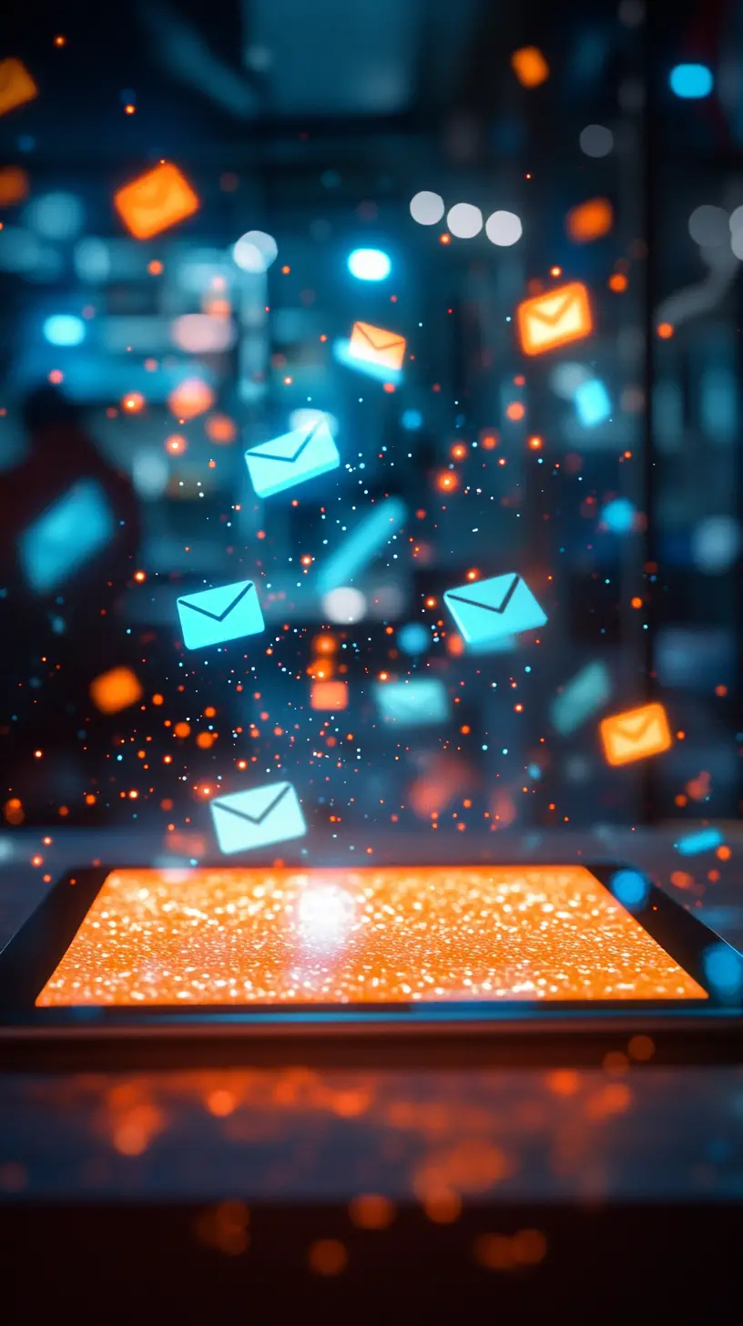 Glowing Tablet With Floating Email Icons At Night