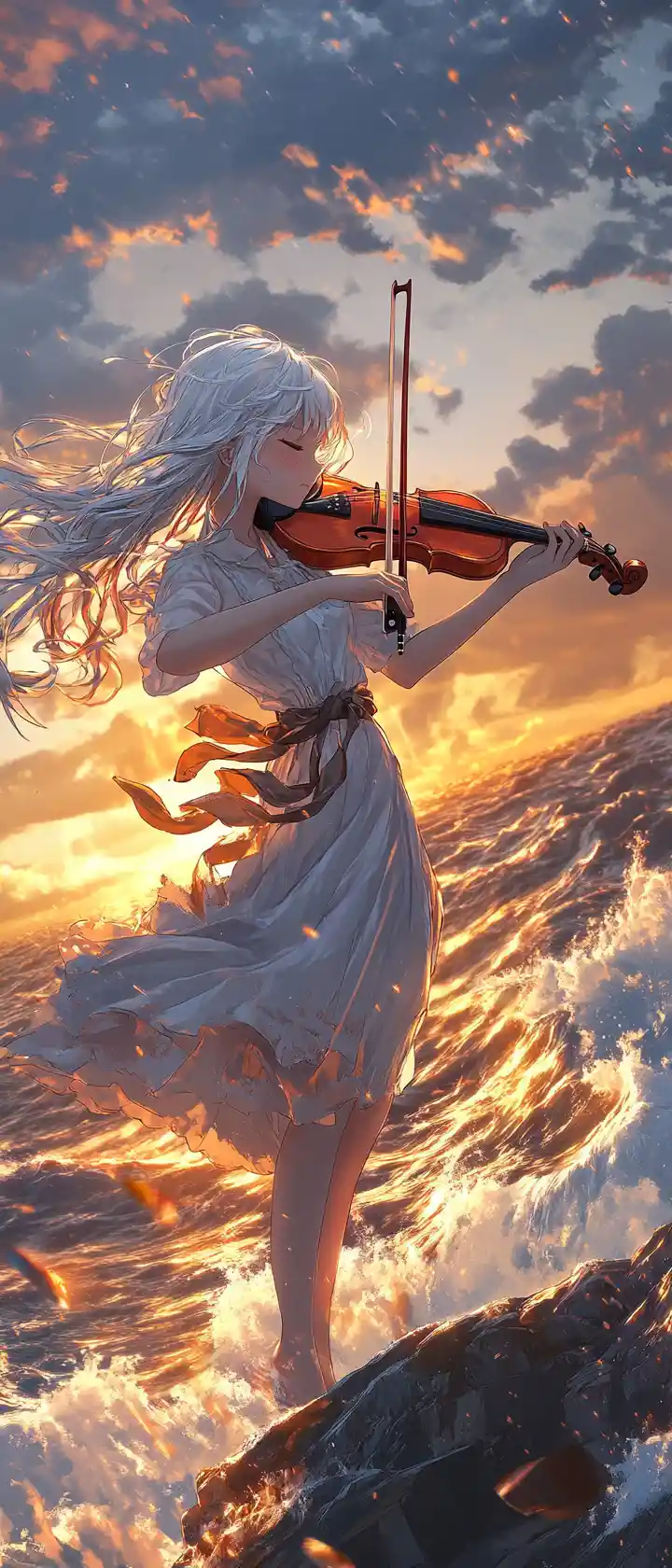 Ragazza anime che suona il violino su una scogliera al tramonto