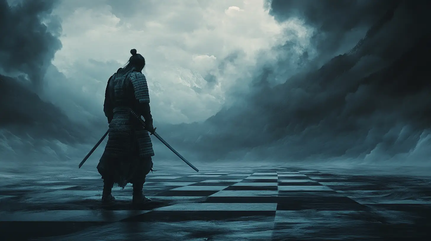 Samurai statues clashing on a dark mystical chessboard