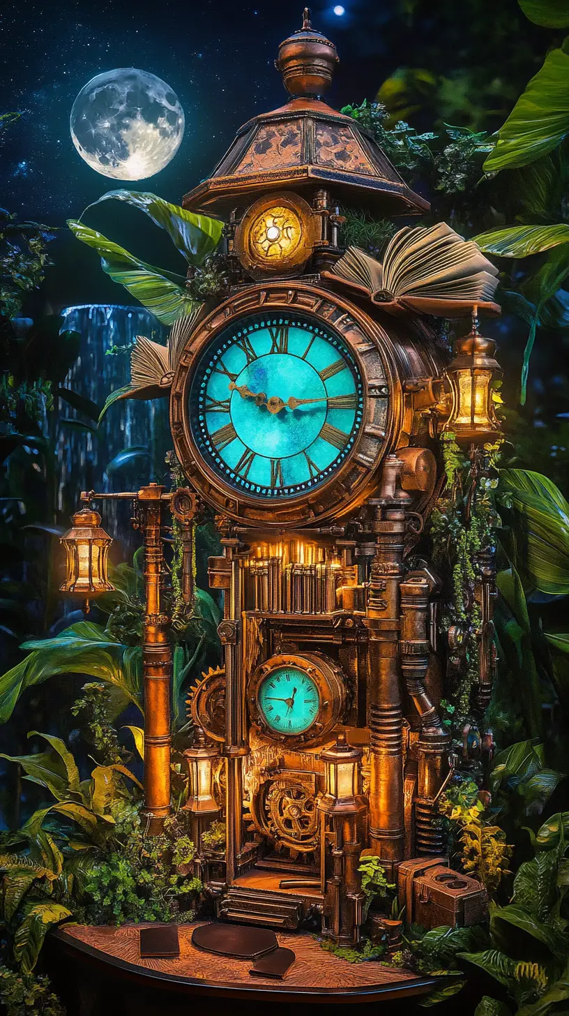Steampunk clock machine glowing in a moonlit jungle